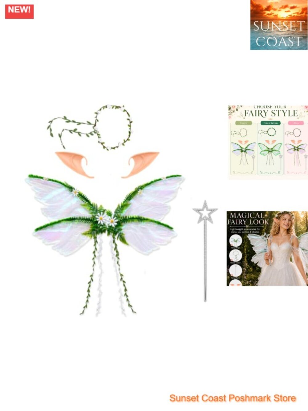 Adult Fairy Wings Costume Set Organza Wings Flower Crown Elf Ears Star Wand
